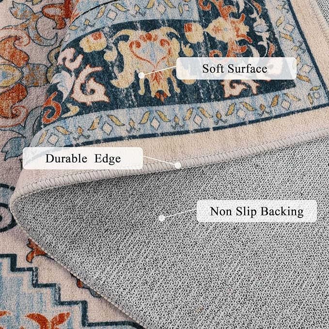 U'Artlines Boho Vintage Area Rug 6x9 Machine Washable Low Pile Soft Floor Carpet Non Slip Non Shedding Accent Rug for Living Room Bedroom Entryway Dining Room Office Orange Blue