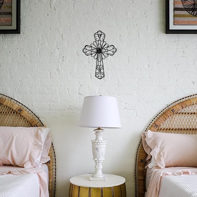 RELY+ Black Wall Cross 14X10 Inch Living Room Décor Outdoor Crucifix Wall Décor Metal Wall Art Decorative Hanging Iron Wrought Wall Décor Crosses for Rustic Indoor Home Valentine's Day Decorations
