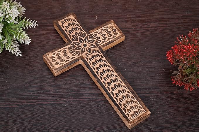 Samhita Mango Wood Wall Cross, Jesus Christ Floral Carving Family Cross Decor,Home Decoration (10" x 6" x 0.5")