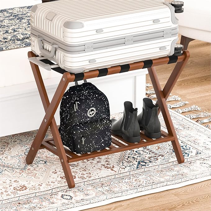 Luggage Racks Set Of 2 Suitcase Stand Foldable With Storage Shelf For Guest Room Hotel Essentials Solid Bamboo Heavy-Duty Item Holder Chestnut Brown