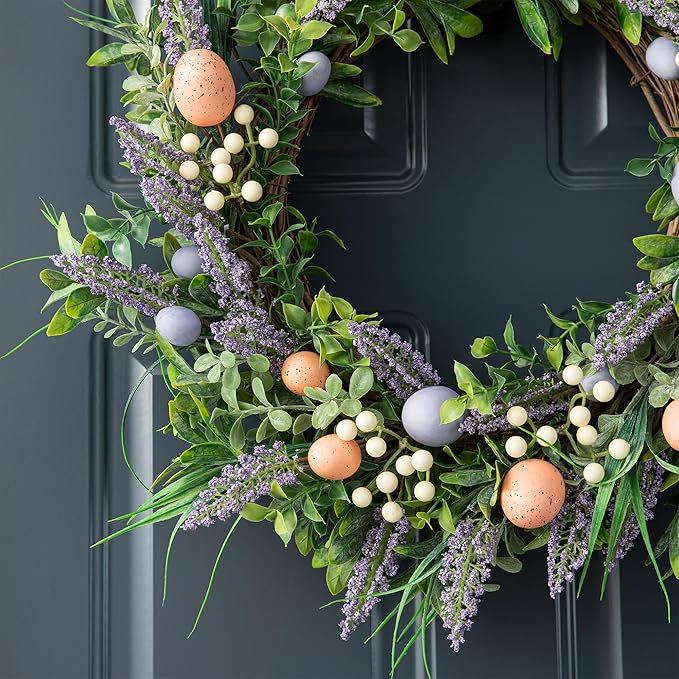 Glitzhome 22" D Easter Wreath with Artificial Easter Eggs Berries and Lavender for Front Door Wall Decor, Spring Easter Garland with Colored Eggs Berries Holiday Decoration