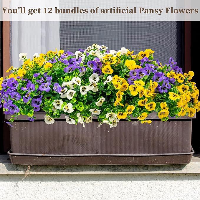 12 Bundles Artificial Fake Pansy Flowers for Outdoor - Yellow, White & Purple Faux Pansies Flowers, Fake Flowers for Outdoor Planters, Porch, Garden, Window Boxes, and Home Decoration