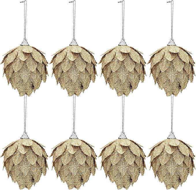Jetec 8 Pieces Christmas Ornaments Glitter Christmas Tree Hanging Decoration Decorative Artificial Pine Cones Flowers Hanging Ornaments for Winter Wreath Holiday Decor(Gold)