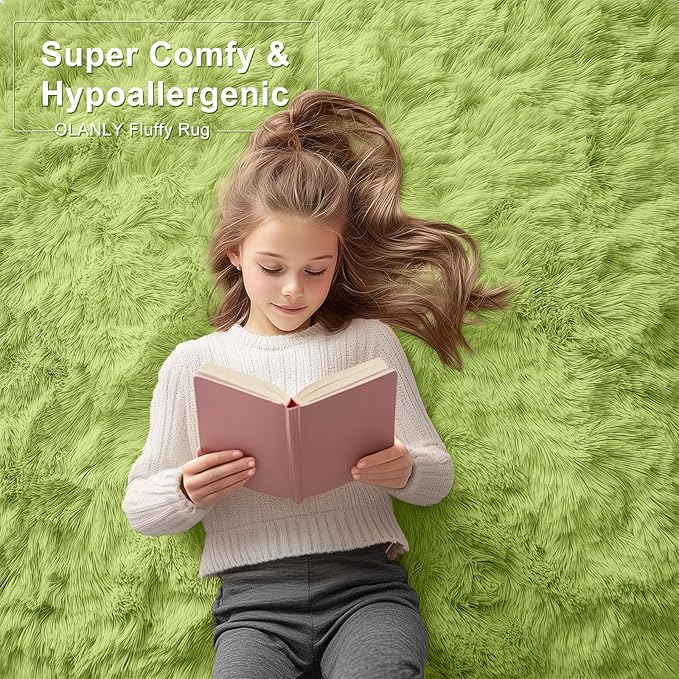 OLANLY 8x10 Machine Washable Large Area Rugs for Living Room, Bedroom, Soft Fluffy Shaggy Bedside Rug, Indoor Floor Carpet for Kids Girls and Boys, Dorms, Nursery, Home Decor Aesthetic, Grass Green