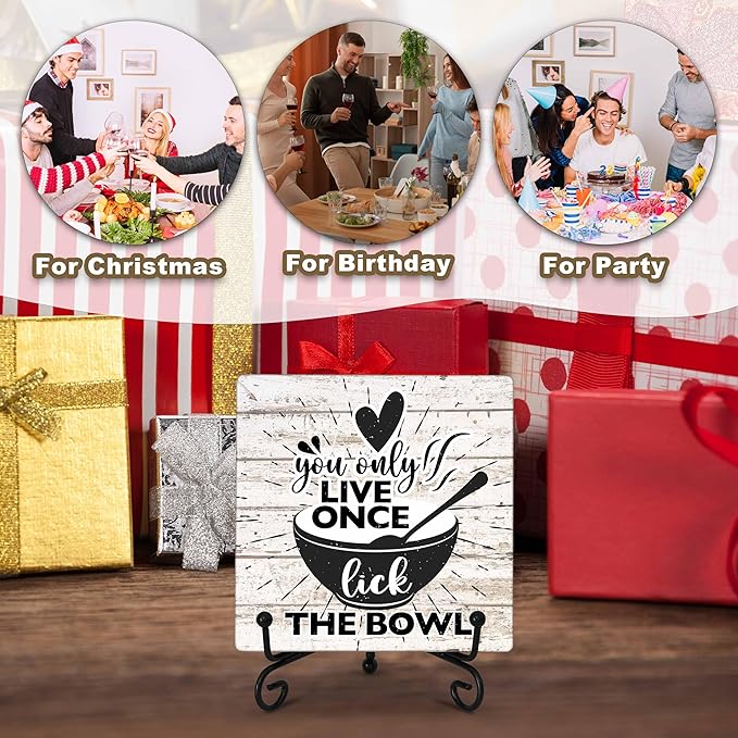 Kitchen Counter Decor, Life Is Short Lick The Bowl Sign, Funny Farmhouse Kitchen Wooden Plaque with Iron Stand for Dinning Room Desk Shelf Display-A11