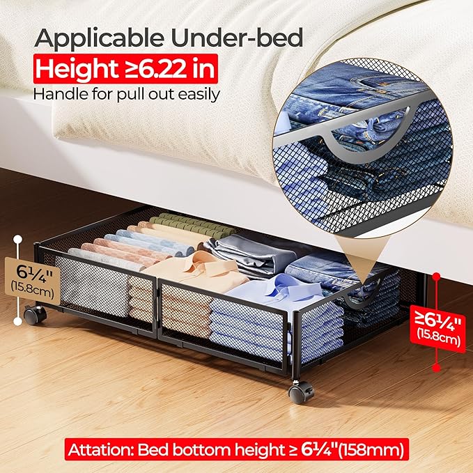 Yecaye Under Bed Storage with Wheels, 2 Pack Under Bed Shoe Storage Organizer Drawer, Tool-free Assembly Metal Underbed Storage Containers for Clothes, Shoes, Black