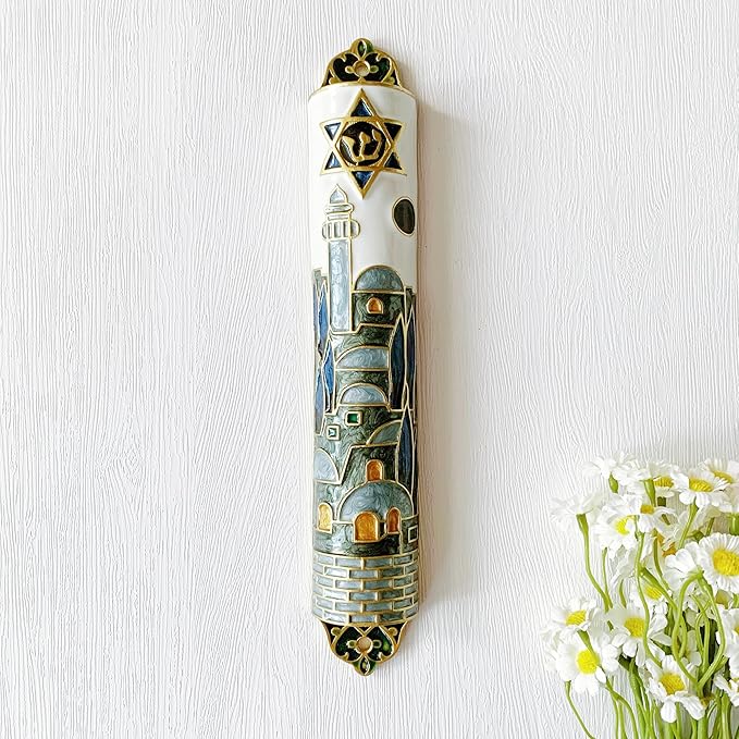 Hand Painted Mezuzah, 9.5 Inches Exquisite Enamel Mezuzah with Star of David and Jerusalem Motifs