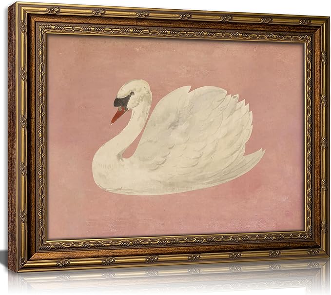Vintage Gold Framed Wall Art Retro White Swan Cottagecore Canvas Print Neutral Moody Bird Painting Picture Rustic Farmhouse Pink Antique Swan Poster Artwork for Living Room Bedroom