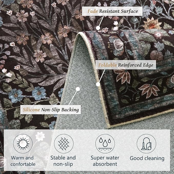 Floral Entryway Rug, 2x3 Kitchen Rugs Non Slip Washable Traditional Design Vintage Floral, Soft Door Mat Indoor Entrance, Ultra-Thin Easy Clean Small Throw Carpet for Bedroom Bathroom