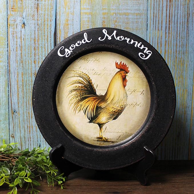 CVHOMEDECO. Rooster Decorative Plate Country Distressed Round Display Wooden Plate Home Décor Art, 11-1/4 Inch