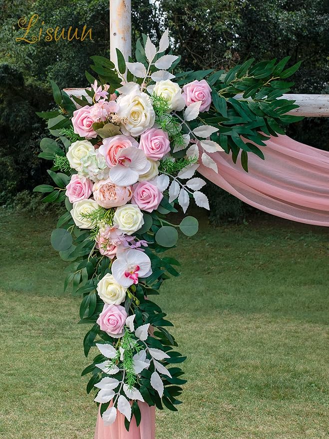 Lisuun Wedding Arch Flowers, Artificial Flowers for Decoration, 2pcs Flower Swag and 1 pcs Semi-Sheer Chiffon Table Runner Swag for Beautiful Dream Wedding Ceremony Floral Decor - Pack of 3