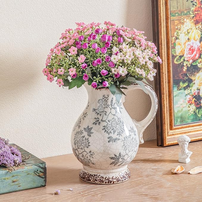 Enra Large Vintage Blue and White and Pitcher for Home Decor, 9.7 Inch Rustic Chinoiserie Decorative Vases, Green and Beige Ceramic Vases for Living Room, Kitchen, Office – Large Vases for Decor