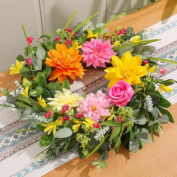 Summer Wreaths for Front Door 24 Inch, Artificial Spring Wreath with Dahlia and Peony for All Season Home Decor Easter Indoor Outdoor Wall Home Festival Celebrations