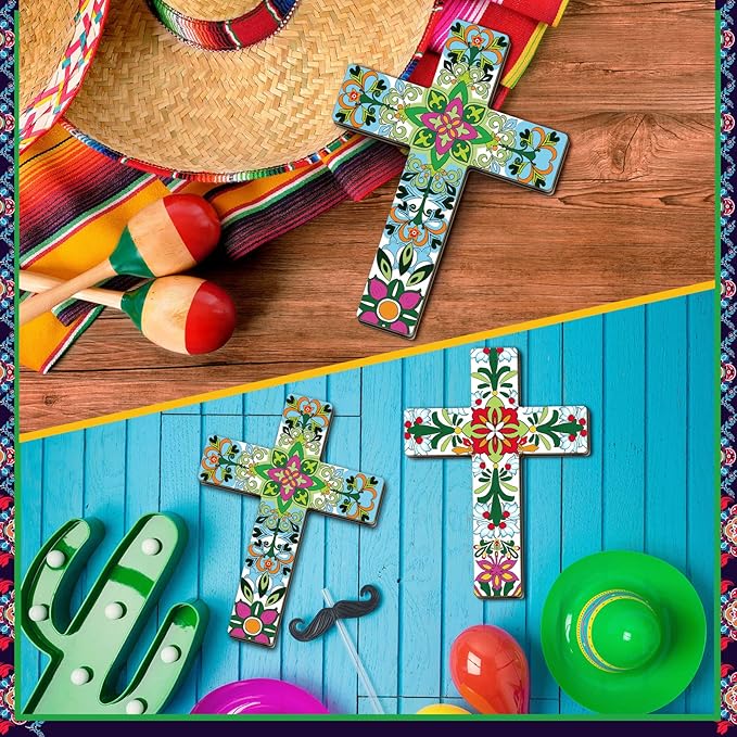 Pinkunn 2 Pcs Mexican Cross Wall Decor Floral Day of The Dead Decoration Hand Painted Wood Wall Art Dia De Los Muertos Altar Decorations Spanish Cross Decor for Home(Vibrant Flower)