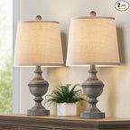 PARTPHONER Retro Table Lamps Set of 2, Bedside Lamp for Bedroom Rustic Farmhouse Table Lamps for Living Room, Vintage Nightstand Lamps with White Shades, Grey