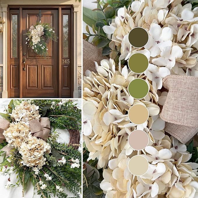 Hydrangea Wreath, 22 Inch Spring Wreath for Front Door, Summer Wreath with White Hydrangea, Greenery and Burlap Bow, Farmhouse Floral Door Wreath for Indoor Outdoor Wall Porch Décor