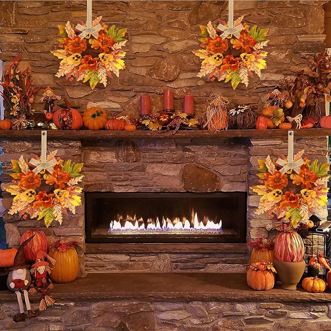 12 Pcs Fall Floral Swags Wreaths Mini Autumn Artificial Candle Rings Wreaths with Berries 3 inch Farmhouse Cabinets Hanging Wreath for Pillar Front Door Porch Wall Window Decoration