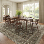 Washable 9x12 Area Rugs for Living Room, Boho Non-Slip Vintage Distress Lager Rugs for Bedroom Dining Room Nursery Office, 0.3" Neutral Oriental Throw Thin Carpet, Tan/Flaxen/Multi