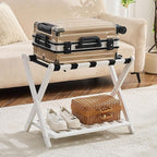 Fully Assembled Luggage Rack for Guest Room, Bamboo Foldable Suitcase Stand with Storage Shelf, Luggage Stand with 5 Nylon Straps, Luggage Holders for Guest Room Bedroom Hotel, White, 1 Pack