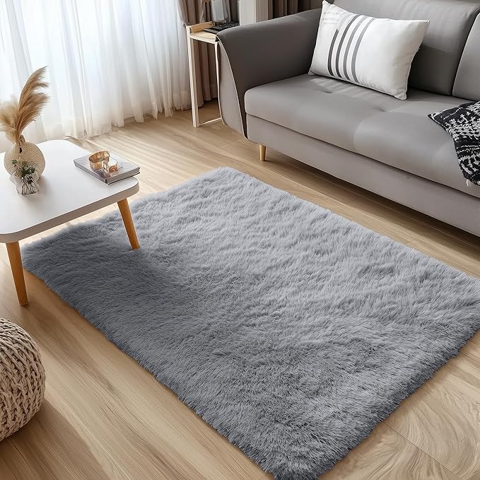 OLANLY 3x4 Machine Washable Accent Rug, Soft Fluffy Shaggy Area Rug for Bedroom, Living Room, Indoor Floor Carpet for Kids, Nursery, Home Decor, Light Grey