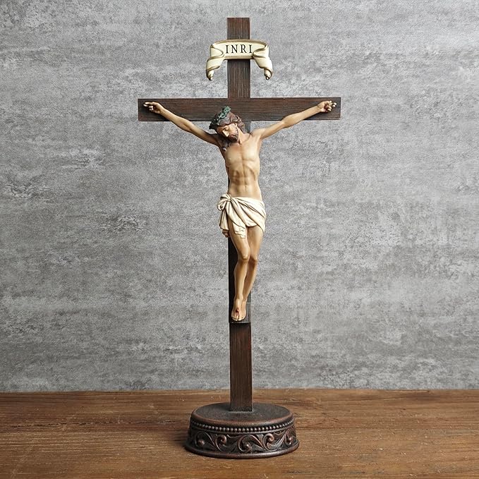 BC Catholic Crucifix Standing Cross, Jesus Christ tabletop Home Decor, Religious Gift, Wood Carve Looking, Realistic Finish, 10.9" H Hand Painted by Buildclassic