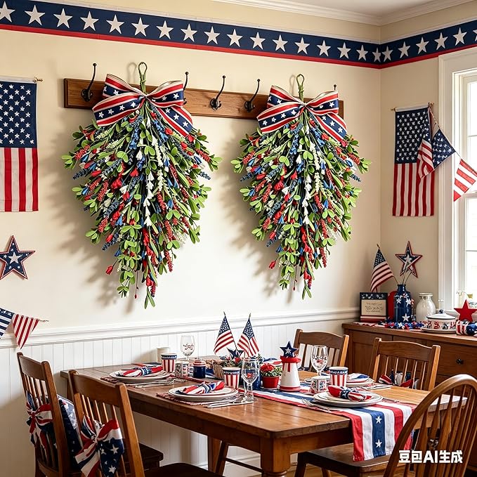 2 Pack 21'' Patriotic Teardrop Swag Wreaths for Cabinets Artificial 4th of July Swag Wreath with Red White Blue Floral and Berries for Independence Day Memorial Day Front Door Porch Window Wall Decor