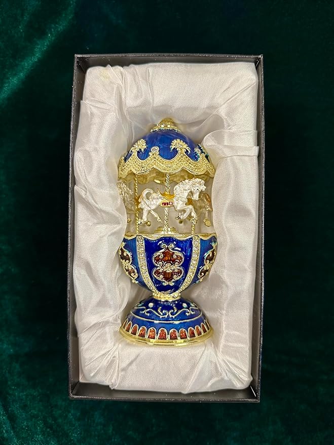 Gilded Blue Carousel Music Box, Rotating Horse Christmas Tune Jewelry Box, Enameled Trinket Keepsake with Gold Accents