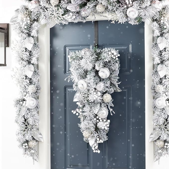 Glitzhome Silver White Christmas Teardrop Swag, 30 Inch Frosted Berry Ornament Garland Indoor Holiday Elegant Door Hanging Display with Ring for Fireplace Mantle Staircase Entryway