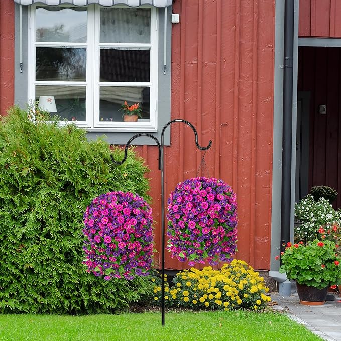 Artificial Fake Hanging Flowers Basket for Spring Decor, Faux Silk Flower in Planter for Summer, Outdoor Artificial Floral for Home Porch Yard(Purple-red Deep Purple)