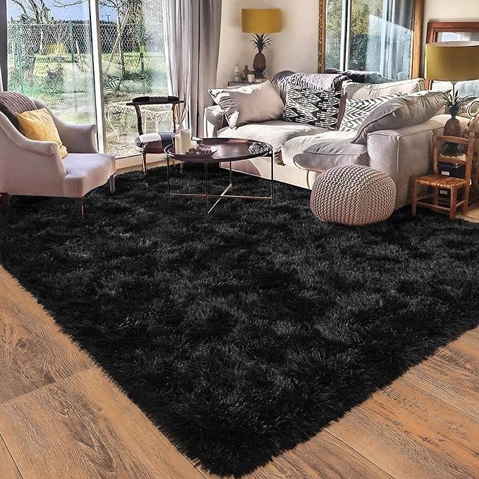 Black Rugs for Living Room 10x14, Soft Shaggy Modern Shag Area Rug for Bedroom, Upgrade Non-Slip Plush Fluffy Carpet for Kids Boys Girls Room Home Decor Aesthetic