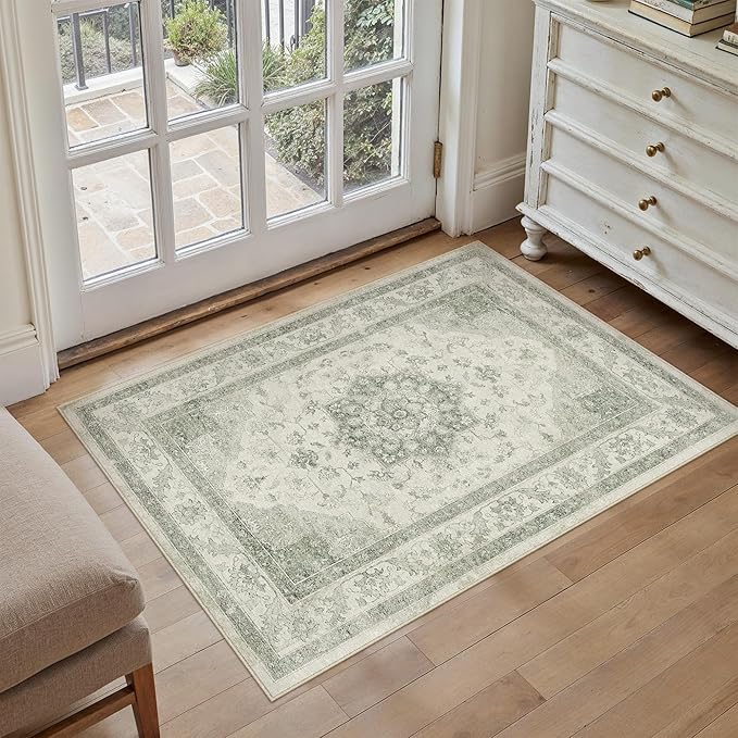 Green Area Rug 2x3 Washable Entryway Carpet Vintage Kitchen Soft Retro Low Pile Thin Non Slip Door Mat Entrance Oriental Medallion Throw Rug for Bathroom Office Bedroom Dining Room