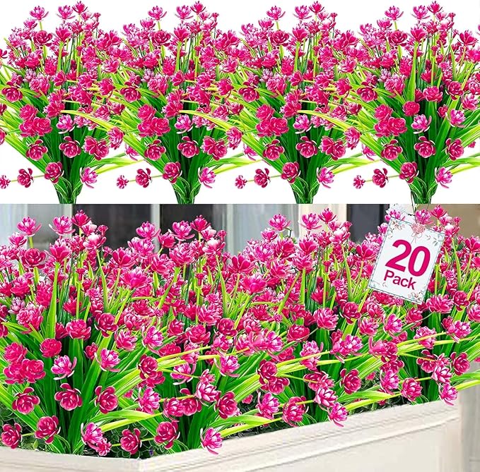 TURNMEON 20 Bundles Artificial Flowers for Outdoors Fake Plants Spring Decor, UV Resistant Artificial Plants Cemetery Flowers Faux Plastic Greenery Shrub for Home Porch Summer Decor 580 Heads(Magenta)