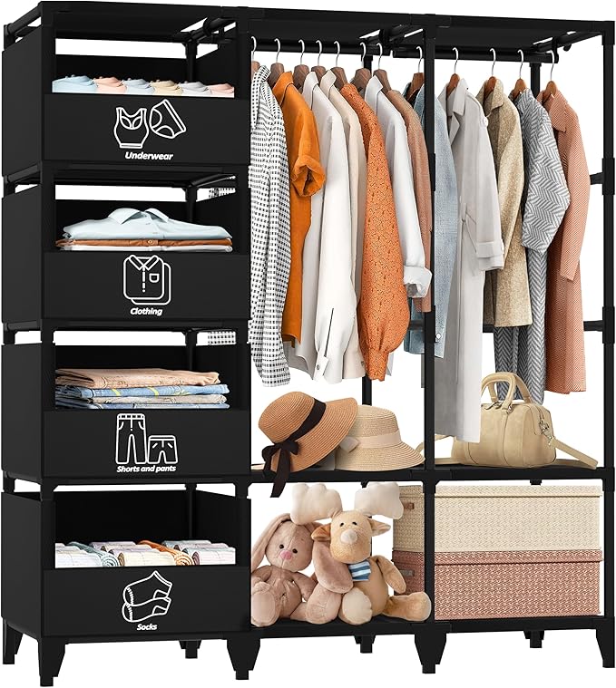 Portable Closet, Easy Assembly, Large Capacity Wardrobe Closet, Sturdy and Stable Clothes Rack with Shelves 4 Storage Baskets and 2 Hanging Rods, for Bedroom and Cloakroom Black