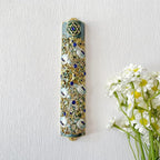 Hand Painted Mezuzah, Exquisite Enamel Mezuzah with Star of David and Blue Crystal Accent