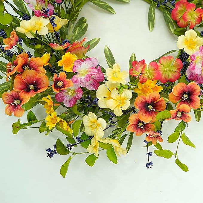 20 inch Spring Summer Wreaths for Front Door Floral Wreath with Colorful Wildflowers,Eucalyptus Leaves,Olive Leaves,Small Berries for Indoor Outdoor Farmhouse Home Wall Window Festival Decoration