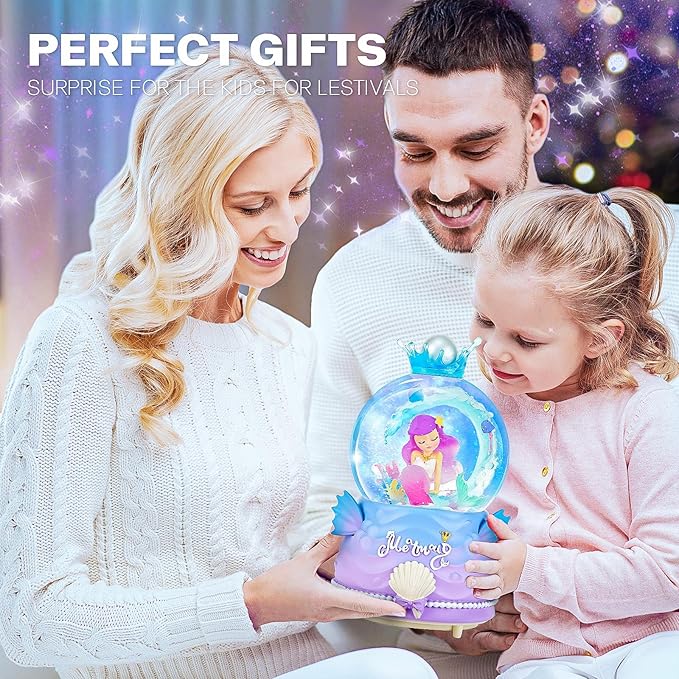 BREIS Snow Globe,100MM Mermaid Snow Globes Automatic Snowflakes with Music Boxes LED Lights,Home Decor Birthday Christmas Valentines Gifts for Girls Kids Girlfriend Women