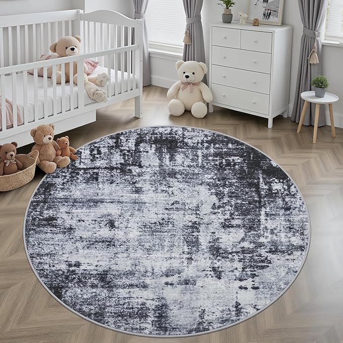 Round Area Rug for Living Room: 4 ft Washable Modern Abstract Soft Thin Rug Indoor Floor No Slip Stain Resistant Carpet for Bedroom Dining Room Farmhouse Nursery Home Office - Dark Black
