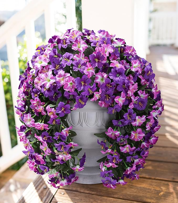 HyeFlora Artificial Flowers for Outdoors, 2pcs Faux Hanging Morning Glory Silk Fake Flowers Lifelike Artificial Plants UV Resistant Flowers for Outside Planter Patio Garden Porch Decor (Purple Red)