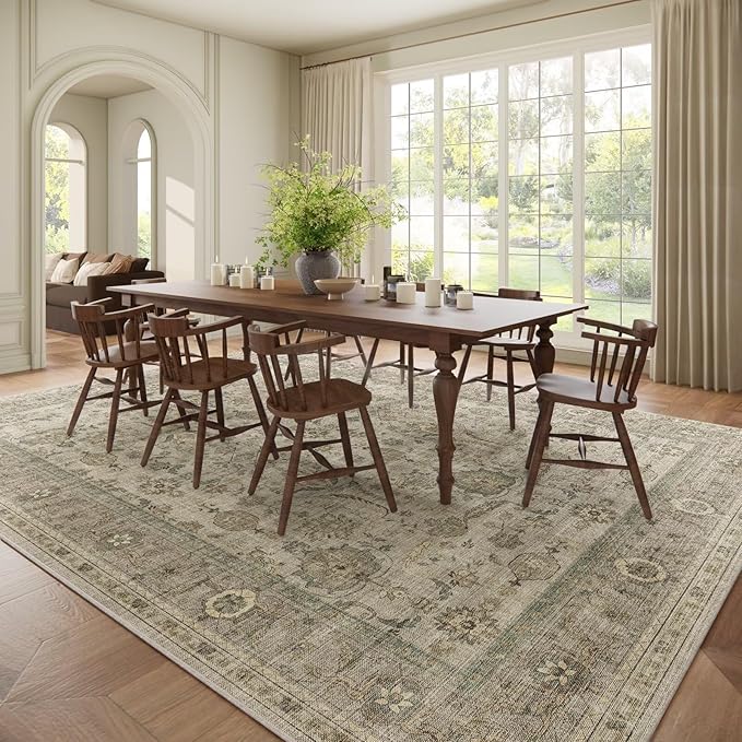 Washable 9x12 Area Rugs for Living Room, Boho Non-Slip Vintage Distress Lager Rugs for Bedroom Dining Room Nursery Office, 0.3" Neutral Oriental Throw Thin Carpet, Flaxen/Brown/Multi