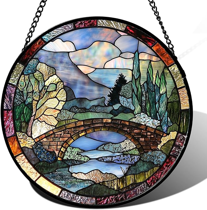 Stained Glass Window Hanging, Blue Landscape Arch Bridge Sun Catcher for Door Home Decor Suncatcher Christmas Mother's Day Birthday Gifts for Women Men Mom and Nana 6.3 in