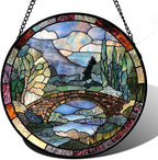 Stained Glass Window Hanging, Blue Landscape Arch Bridge Sun Catcher for Door Home Decor Suncatcher Christmas Mother's Day Birthday Gifts for Women Men Mom and Nana 6.3 in