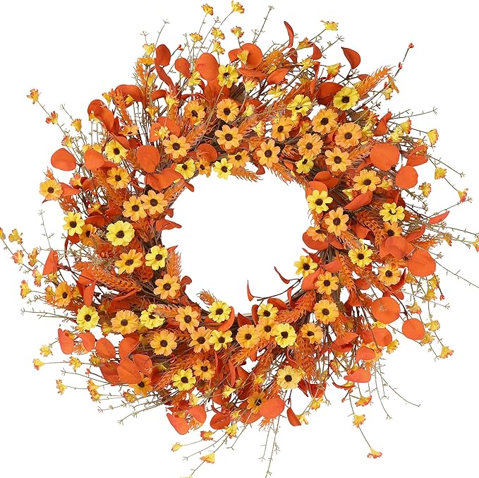 Sggvecsy Fall Wreath 24'' Autumn Harvest Daisy Wreath with Orange Eucalyptus Foam Leaves Grain Daisies Berries for Outside Indoor Home Wall Festival Thanksgiving Decor