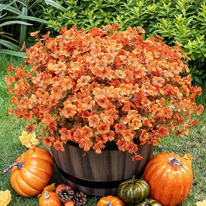 Lnoicy 20 Bundles Artificial Fake Mums for Outdoor Fake Plants for Autumn Decoration,Faux Eucalyptus Flowers for Planter UV Resistant Lifelike for Home Porch Garden (Fall Orange)