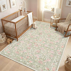 GarveeHome Pink and Green Vintage Floral Washable Rugs 6x9 for Living Room Boho Retro Botanical Rug Low Pile Stain Resistance Non Slip Carpet for Bedroom Nursery Dining Room