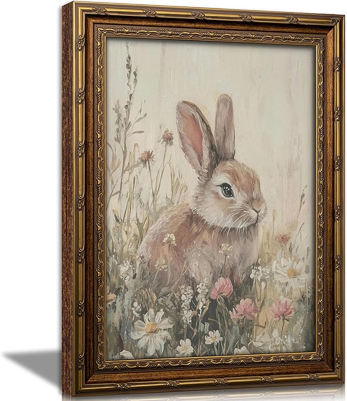 Vintage Gold Framed Bunny Wall Art, Spring Rabbit and Wildflowers Cottagecore Painting Canvas Print, Country Animal Picture Wall Decor Rustic Farmhouse Floral Poster Artwork for Living Room Bedroom