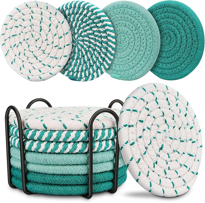 Green Coaster, Drink Coasters, 8 Pack Cup Coasters, Kitchen Table Decor, Table Decor for Living Room, Bar Accessories for The Home Bar Set, Coaster Set for Wooden Tabletop Protection Table