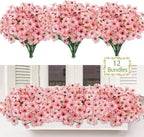 MACTING Artificial Flowers for Outdoors 12 Bundles Fake Flowers UV Resistant Faux Plastic Plants No Fade for Hanging Planters Window Patio Porch Garden Home Indoor Outside Decorations,Pink