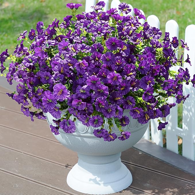 Artificial Flowers Fake Plants for Outdoors Decoration, 12 Bundles Purple Silk Morning Glory with Eucalyptus Realistic UV Resistant Faux Flowers Greenery for Outside Planter Yard Garden Home Indoor