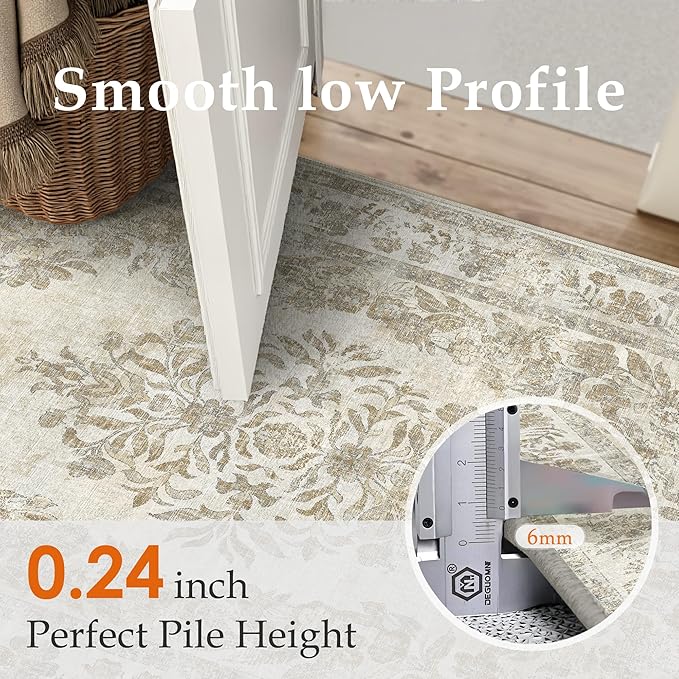 9x12 Area Rug Beige Washable Vintage Distressed Living Room Carpet Large Bedroom Indoor Medallion Floral Non Slip Retro Throw Floor Mat for Office Dining Room Kitchen Bathroom