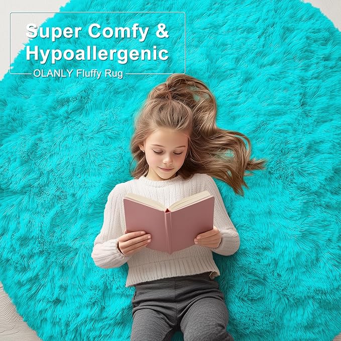 OLANLY Teal Blue Round Rugs for Bedroom - Machine Washable, 8 ft Circle Area Rugs for Living Room, Soft and Fluffy Shaggy Carpet for Teen Girls and Boys, Nursery Rooms, Dorms, Home Decor Aesthetic